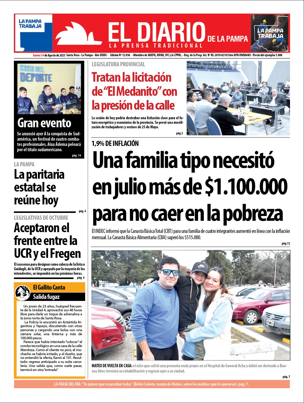 Tapa de El Diario en papel  jueves 14 de agosto de 2025